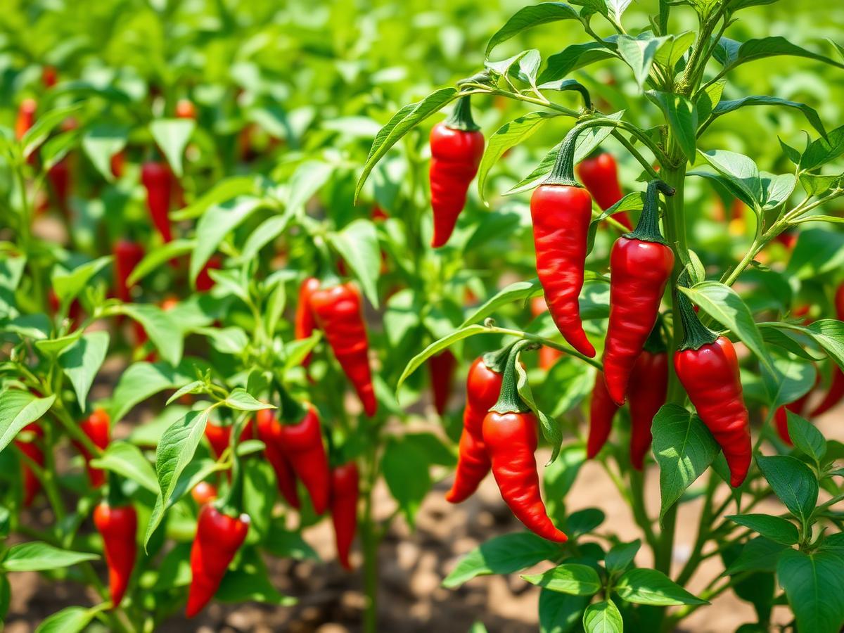 Red chili peppers growing in a field