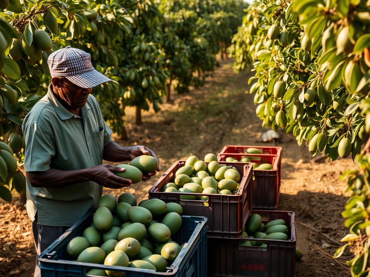 Farm workers harvesting avocados into crates