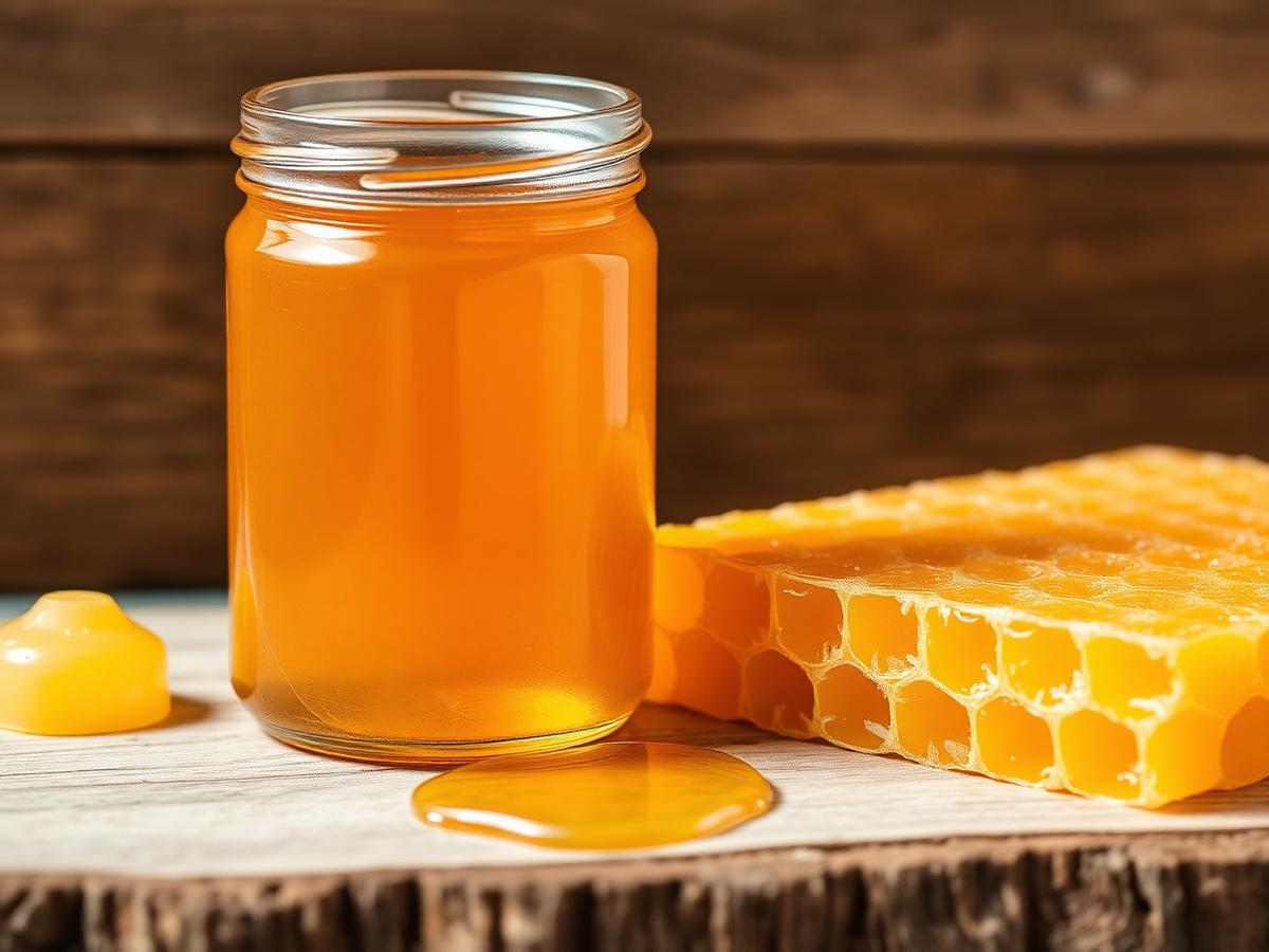 Jar of honey beside honeycomb