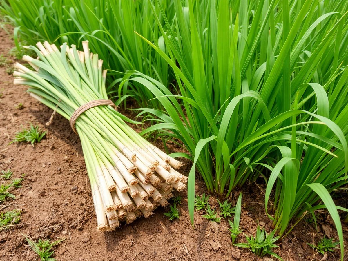 Lemongrass stalks harvested beside growing lemongrass