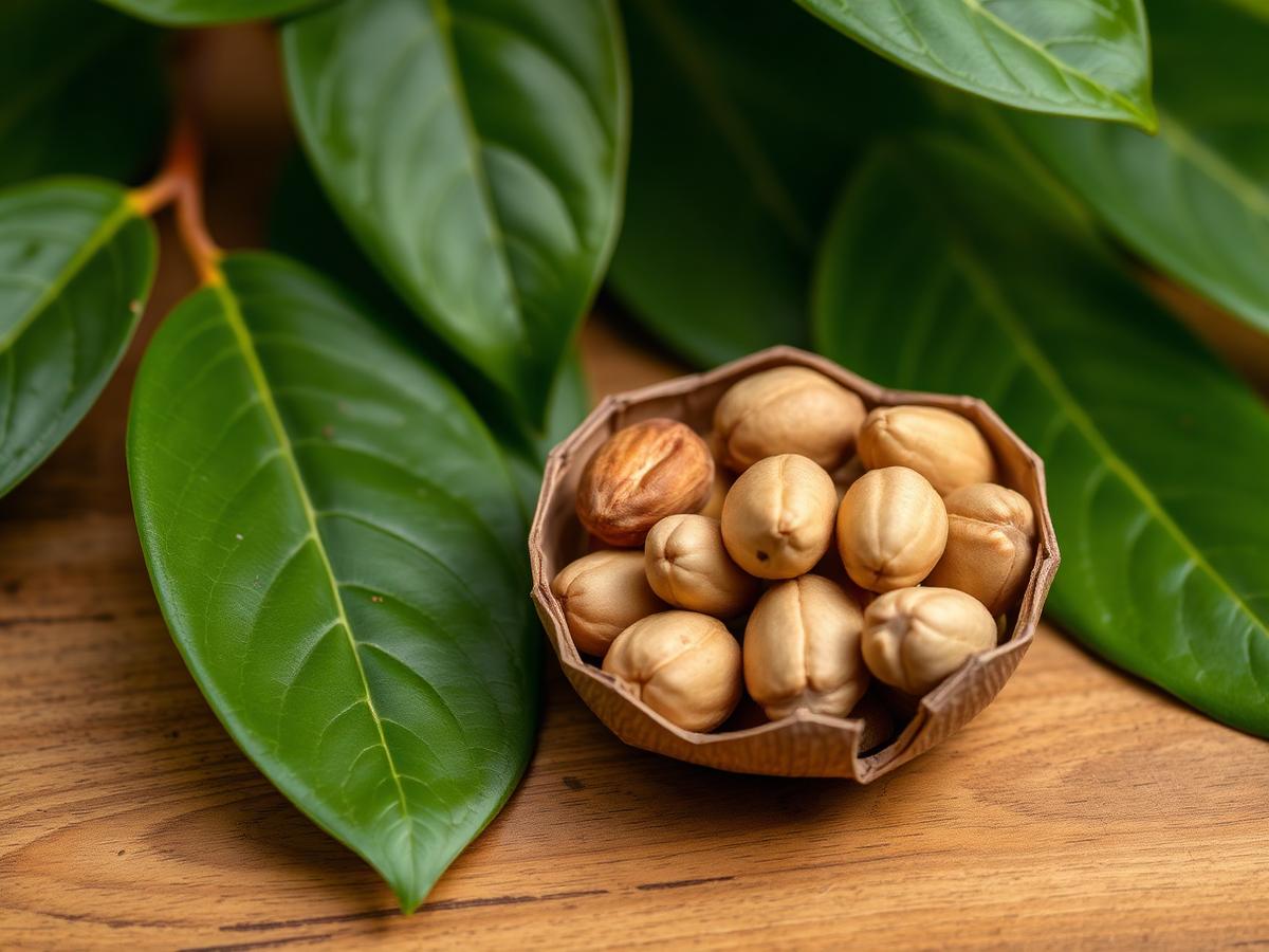 Macadamia nuts beside macadamia leaves